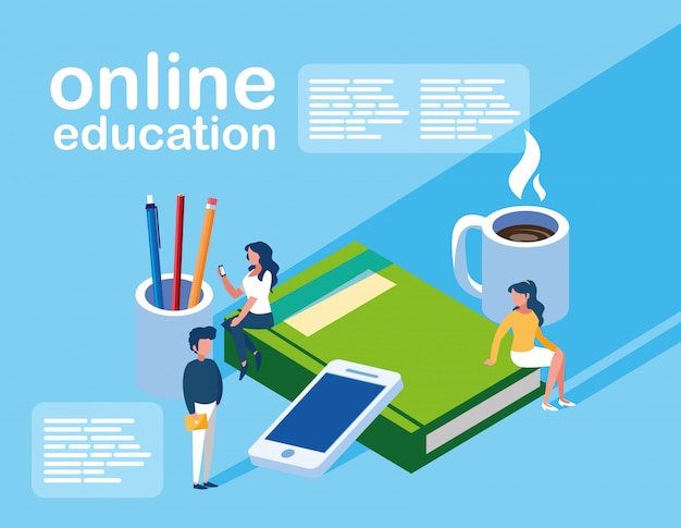 Vector online onderwijs mini-mensen met smartphone en ebooks