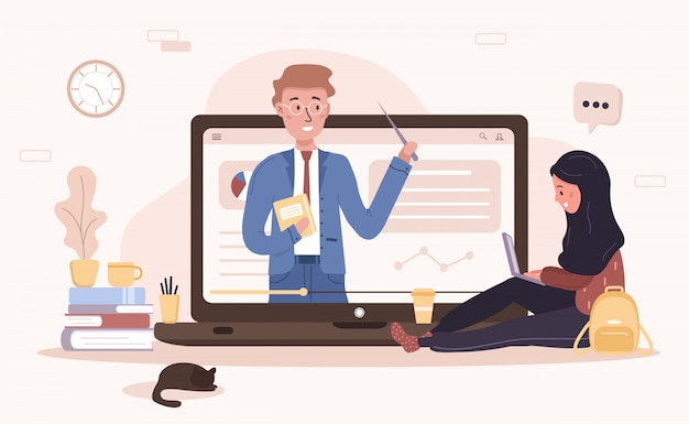 Online onderwijs. Platte ontwerpconcept van training en video-tutorials. Student leert thuis. illustratie voor websitebanner, marketingmateriaal, presentatiesjabloon, online reclame.