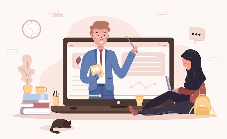 Vector online onderwijs. platte ontwerpconcept van training en video-tutorials. student leert thuis. illustratie voor websitebanner, marketingmateriaal, presentatiesjabloon, online reclame.