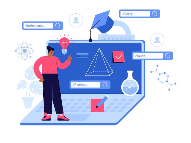 Online onderwijs scène concept Studentenstudie op afstand leren wiskunde geschiedenis scheikunde natuurkunde lessen Wetenschappelijk onderzoek training webinars en cursus Vector karakter illustratie
