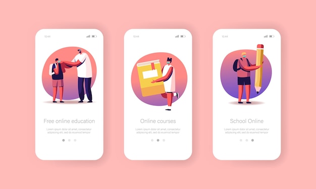 Vector online onderwijs, terug naar school mobiele app-pagina onboard-schermsjabloon