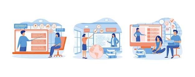 Online onderwijs thuisonderwijs Meisjesstudente krijgt nieuwe kennis en ideeën Groep studenten in afstandsonderwijs stel platte vector moderne illustratie