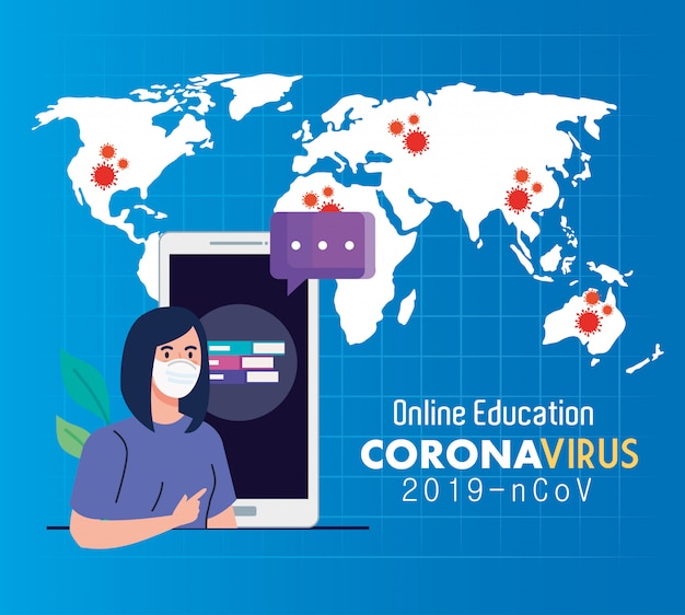 Online onderwijsadvies om het verspreiden van coronavirus covid-19 te stoppen, online te leren, studente met ontwerp van de smartphone het vectorillustratie