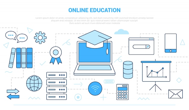 Online onderwijsconcept met verschillende pictogramlijnen zoals computer en internet wifi-netwerk met moderne lijnstijl