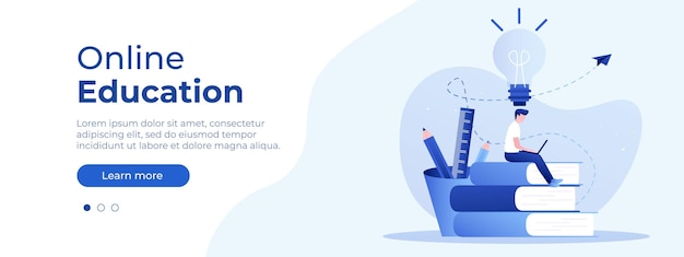 Online onderwijsconcept Vector webpagina lay-out Illustraties met een man die op boeken zit