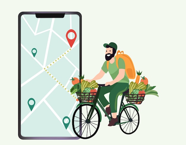 Online order courier on bike delivers fresh vegetables and fruits from a virtual grocery market