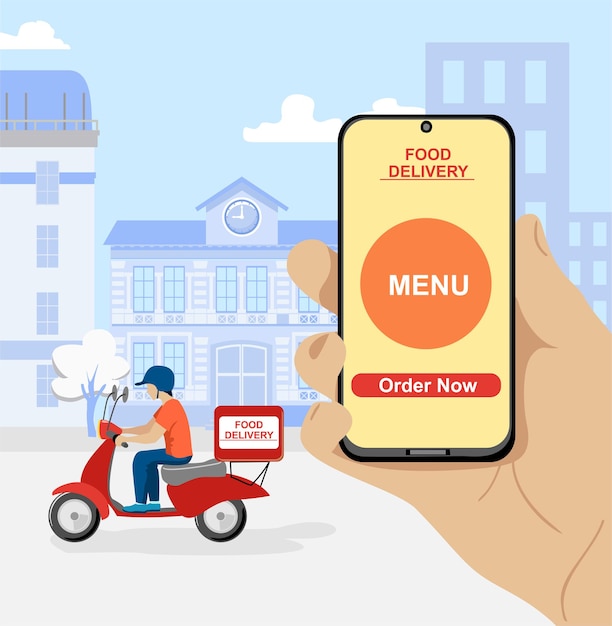 Ordinazione online di cibo. servizio di consegna online con scooter e mobile.