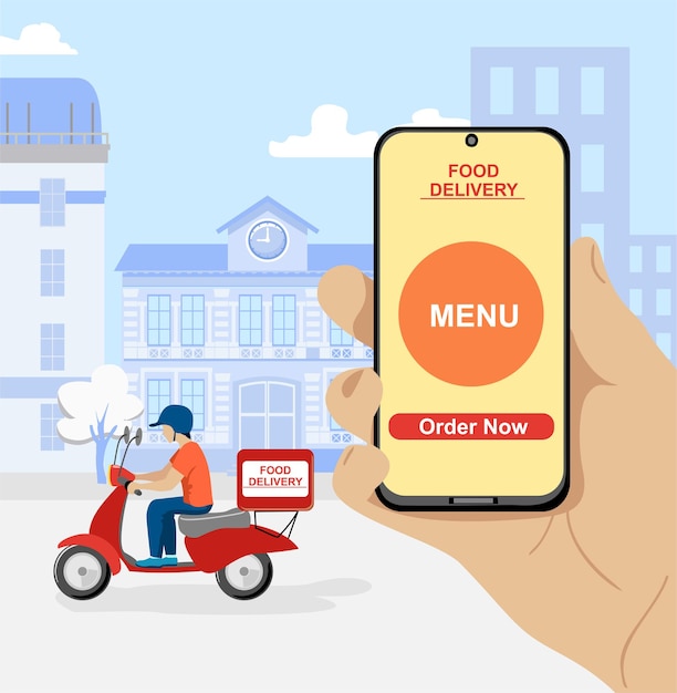 食品のオンライン注文。スクーターと携帯電話によるオンライン配達サービス。