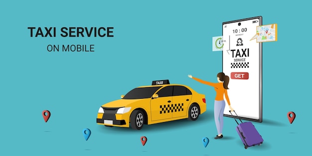 Vector online ordering taxi car rent and sharing using service mobile application woman near smartphone screen with route and points location on a city map on the car vector illustration