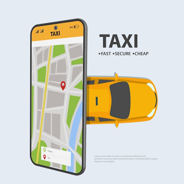Vector online ordering taxi car and rent using service mobile application taxi near smartphone
