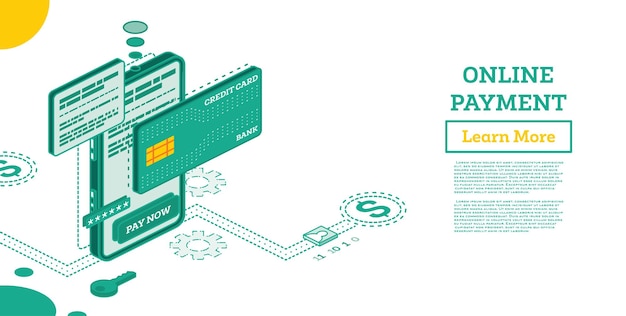 벡터 휴대 전화 아이소메트릭 일러스트레이션 개념을 사용한 온라인 개요 결제 온라인 쇼핑