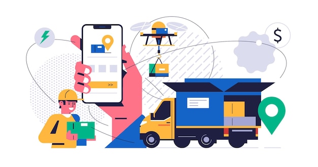 Online pakketbezorgserviceconcept Mobiele app-concept Hand met telefoon met pakketbezorgtoepassing op het display Koeriersvrachtwagen met dozen koerier in uniform vliegende drone met besteldoos