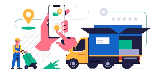 Concetto di servizio di consegna pacchi online concetto di app mobile telefono in mano con applicazione di consegna pacchi sul display un corriere trasporta un carrello con scatole di ordini sul camion illustrazione piatta