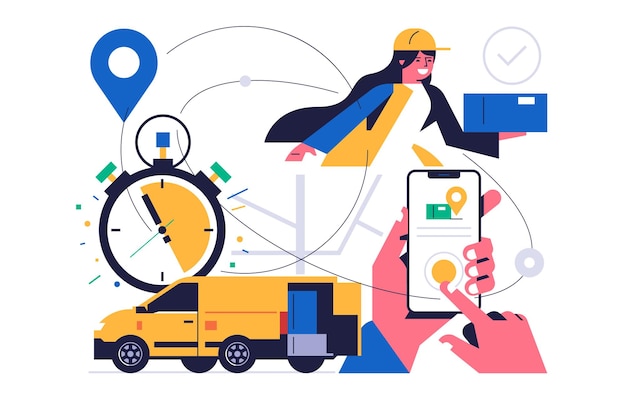 Vector online parcel delivery service concept mobile app concept hand holding phone with parcel delivery application on display happy girl courier hands a box with an order from a yellow courier car