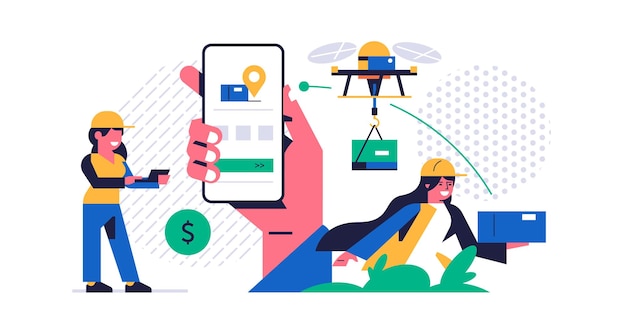 Online parcel delivery service concept Mobile app concept Hand holding phone with parcel delivery application on display A woman controls a flying drone Courier with box Flat vector illustration