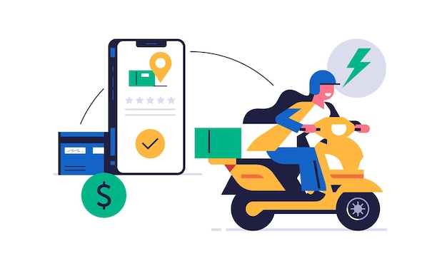 オンライン小包配達サービスのコンセプト モバイルアプリのコンセプト 小包配達アプリが表示された電話 迅速なオートバイ宅配便の女性が注文を完了し、5つ星のフィードバックとオンライン決済を受け取りました