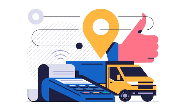 Vector online parcel delivery service concept online service for fast delivery of parcel to your home successfully completed payment for the order courier truck flat vector illustration