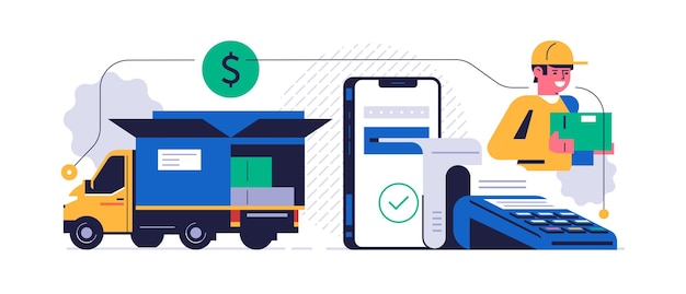 オンライン小包配達サービスのコンセプト モバイルアプリケーションを介した小包配達の成功したオンライン支払い オーダーボックス付きのボックスクーリエ付きのトラック フラットベクトルイラスト