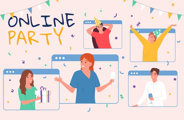 Online party flat poster with people having fun together during video call vector illustration