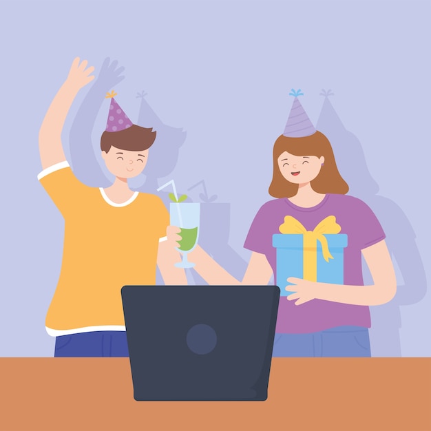 Online party, girl with cocktail gift and boy with laptop celebration vector illustration