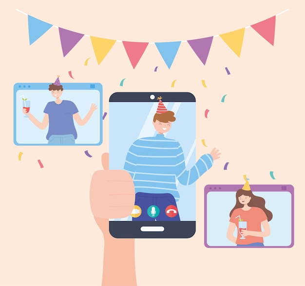 Festa online, mano che tiene smartphone con uomo che celebra con gli amici