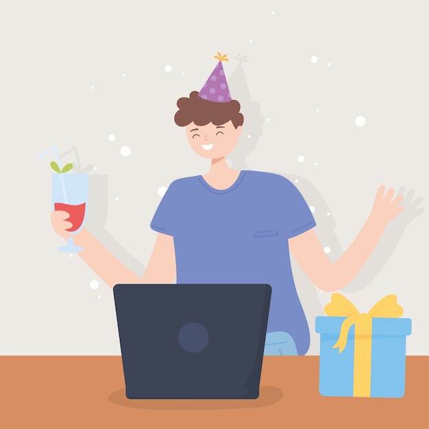 Интернет-вечеринка, счастливый молодой человек с подарочным напитком в шляпе и ноутбуком