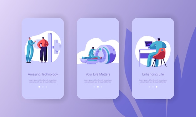 オンライン患者診断mriモバイルアプリページオンボード画面セット。ヘルスケアテクノロジー。現代の医療機器のウェブサイトまたはウェブページで医師が男性を探索します。フラット漫画ベクトルイラスト