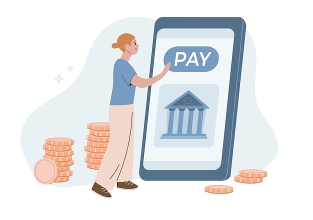 온라인 지불 개념 은행 응용 프로그램 모바일 은행 앱 전자 상거래 평면 벡터를 사용하여 지불하는 여자