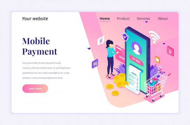 Online Payment concept, electronic money transfer isometric landing page template