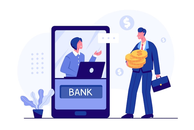 オンライン支払いの概念。オンラインバンキングと会計のためにスマートフォンを使用している人々のモバイルバンキングの概念図。 smsによる金融取引の確認。背景にコインとカード。