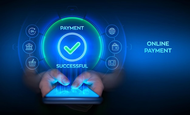 スマートフォンを利用して銀行アプリケーションを利用してオンラインショッピング 金融トランザクション スマートホンを手にベクトルイラスト