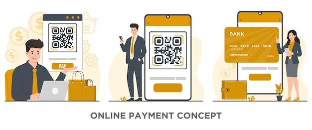 Online payment concept scanning qr code concept Man with smartphone and QR code Vector illustration