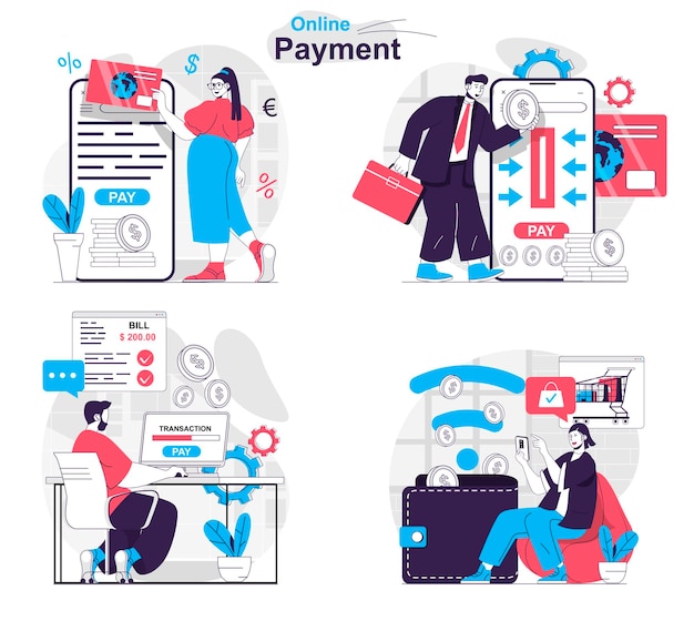 Online payment concept set Customers pay for purchases and make transactions