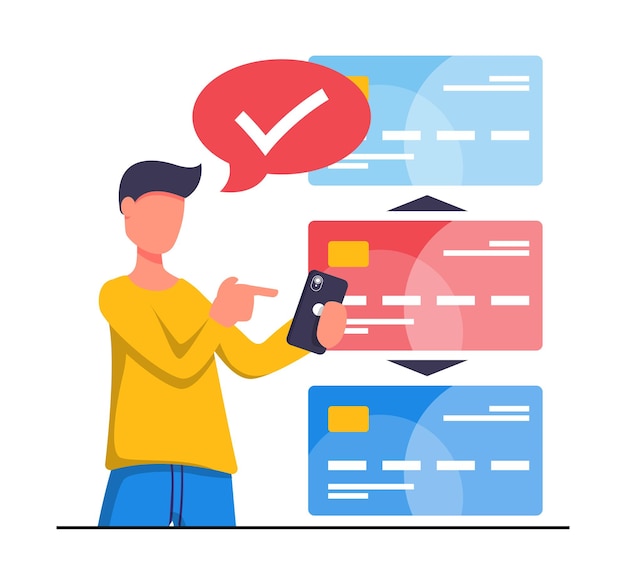 Вектор Онлайн-оплата мужчина платит онлайн со смартфона, он выбирает кредитную карту