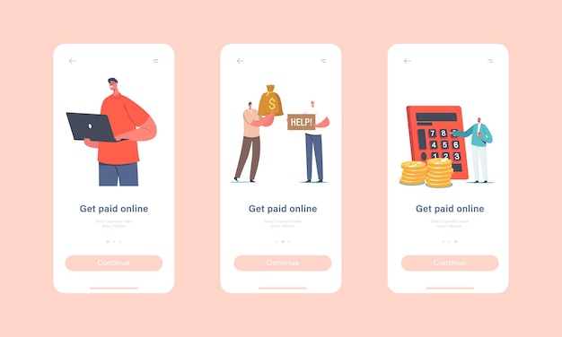 Vector online payment mobile app page onboard screen template. characters paying cashless using cards in internet stores, modern technologies and cashless paying concept. cartoon people vector illustration