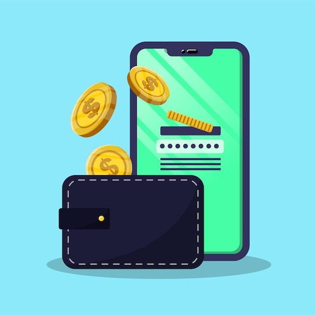 Vector online payment mobile phone wallet with moneys saving moneys in vector illustration