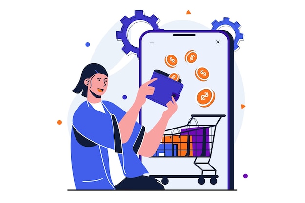online payment modern flat concept for web banner design woman makes purchases and orders goods