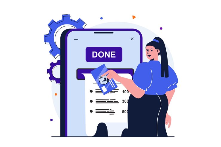 Vector online payment modern flat concept for web banner design woman pays bills and taxe using credit card
