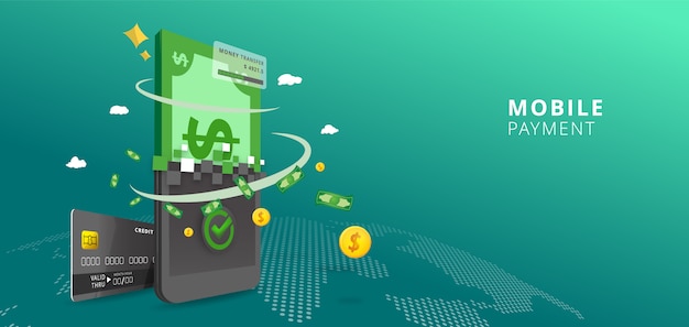 Online payment online concept. Internet payments, Mobile protection money transfer on world map background, online bank  illustration