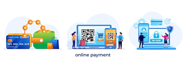 온라인 지불 QR 코드 스캔 쉬운 지불 기술 지불 온라인 지불 구매 평면 그림 벡터