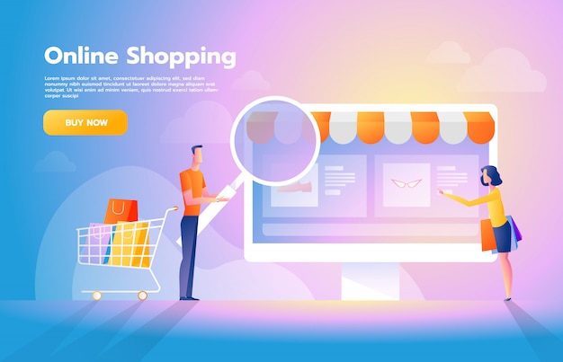 Pagamento online utilizzando il concetto di applicazione con coppia shopping su smartphone. acquisti su internet illustrazione di pubblicità commerciale.