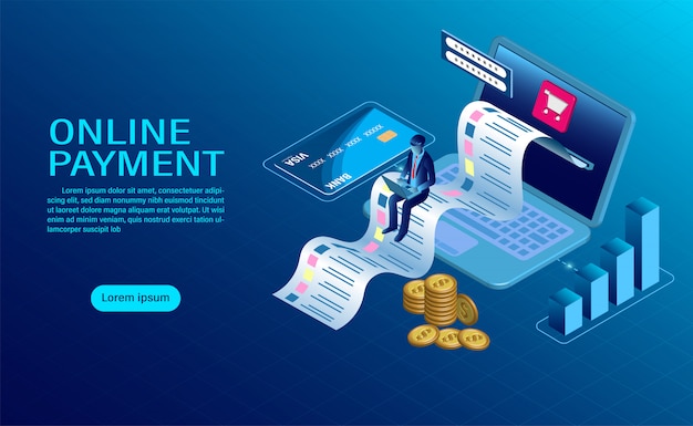 Online payment with computer. protection of money in laptop transactions. modern flat design isometric