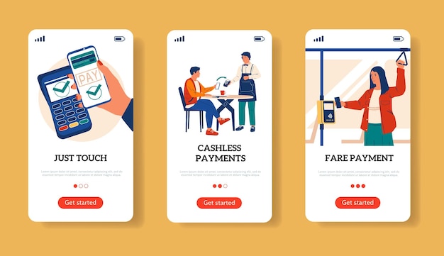 Vector online payment with phone screens money transfer cashless pay for purchases and travel in transport using mobile banking application interface vector financial smartphone app set