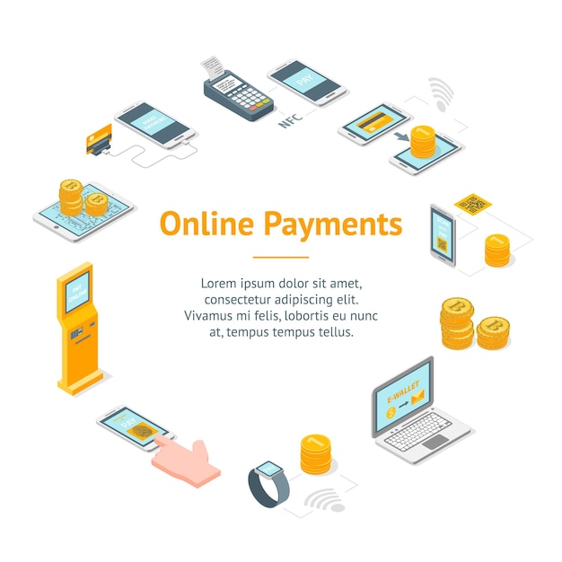 Pagamenti online segni 3d banner carta circolo isometrica visualizzazione include del servizio money bank telefono carta di credito e illustrazione vettoriale della mano