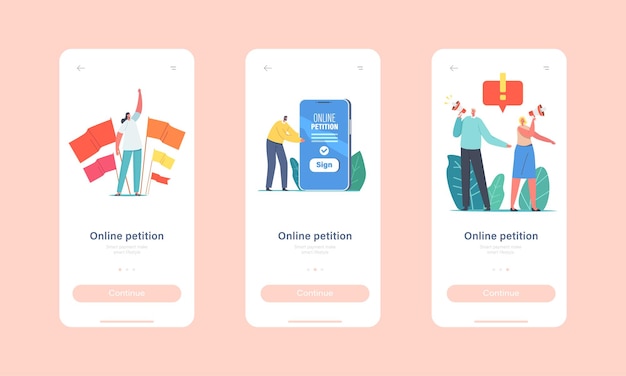 Online Petition Mobile App Page Onboard Screen Template. Tiny Characters near Huge Smartphone Yell to Megaphone Call to Sign Collective Public Appeal Concept. Cartoon People Vector Illustration