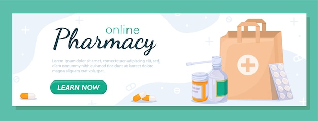 Vector online pharmacy banner concept package with pills and syrup health care and treatment diagnosis drugs and medicines cartoon flat vector illustration isolated on green background