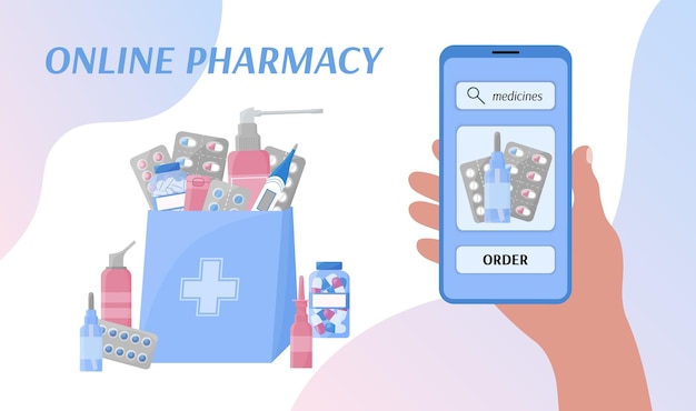 Vector online pharmacy banner design purchase of medicines in mobile phone application person holding smartphone and ordering pills in internet store many medicines bag flat vector illustration