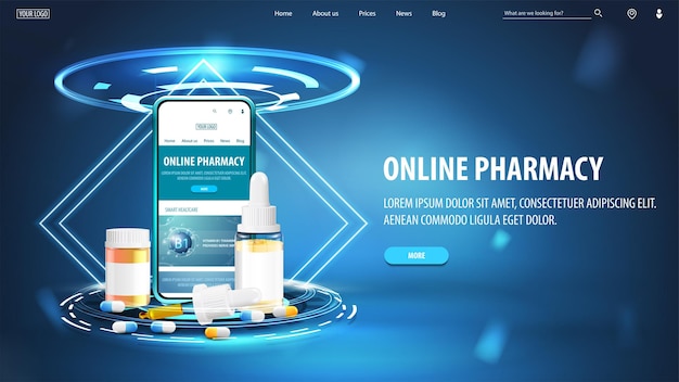 Online pharmacy banner with hologram of podium with smartphone and medications in blue scene with neon rhombus frames and hologram of digital rings