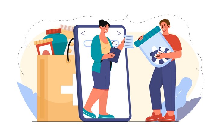 Vector online pharmacy concept man with tablets and woman near smartphone screen health care and medicine pharmaceutical treatment shopping on internet and home delivery flat vector illustration