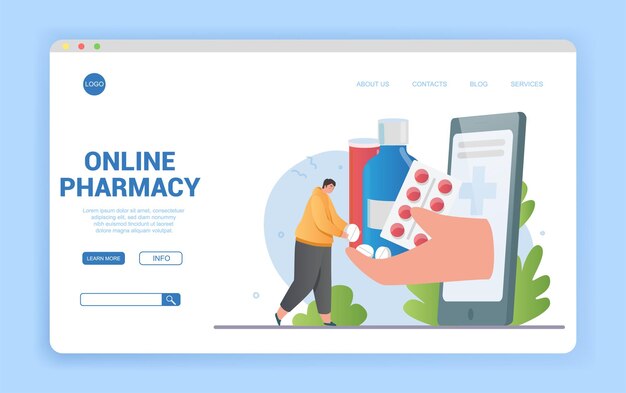 Vector online pharmacy concept for purchasing medication and medicines with hands holding pills from a